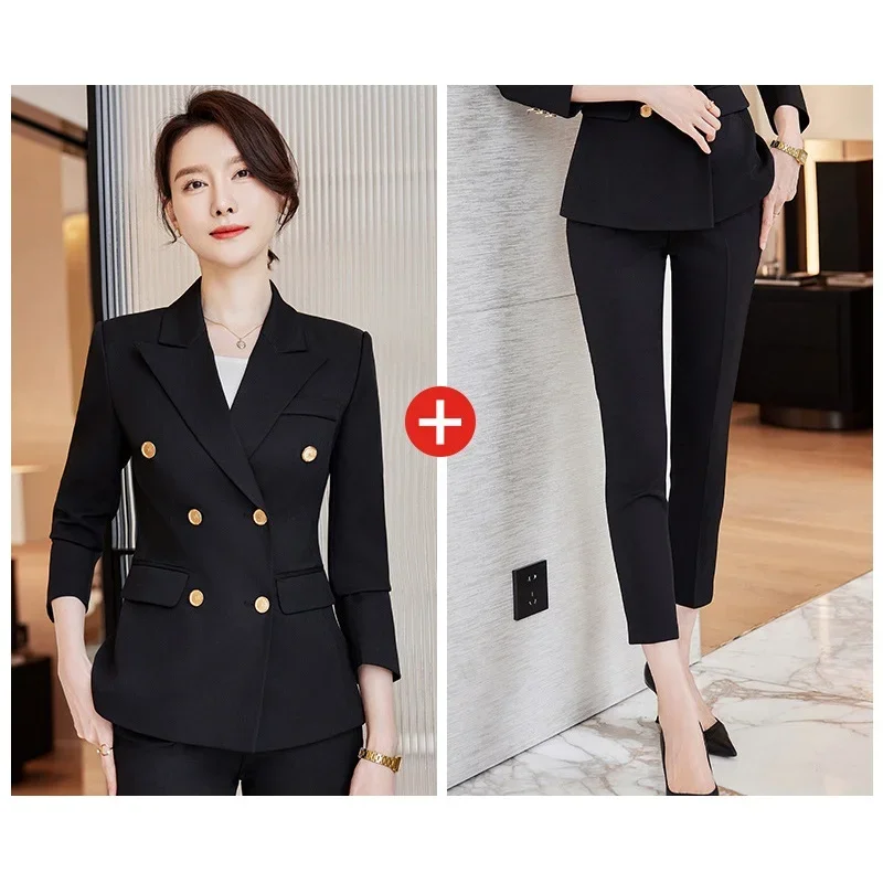 (Suit jacket+pants) Korean high-end women's suit set, large size suit, double breasted suit, office  suit