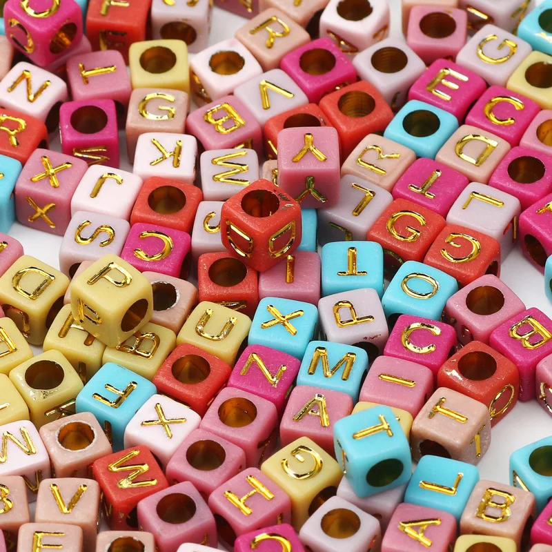 100 stücke 6mm Schwarz Gold Farbe Quadratischen Buchstaben Perlen Zufällig Gemischt Alphabet Acryl Lose Perlen Für DIY Schmuck Machen handwerk – Detail 27