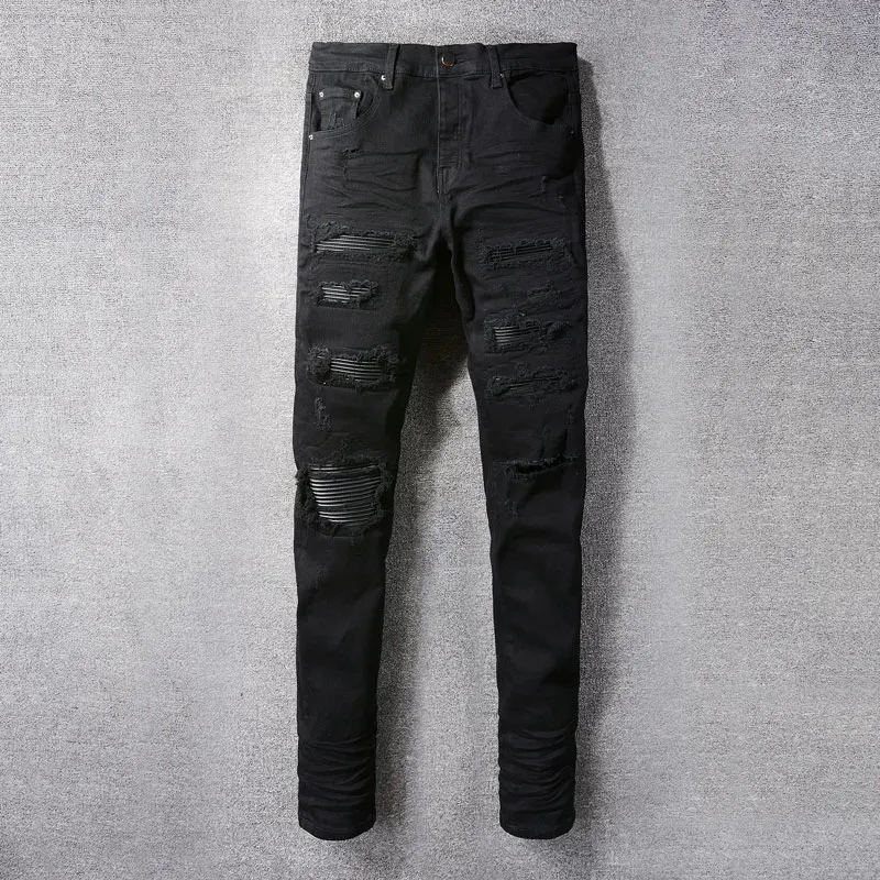 

High Street Fashion Men Jeans Black Stretch Skinny Fit Ripped Jeans Men Buttons Fly Leather Patched Designer Hip Hop Brand Pants