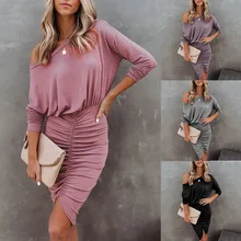 

Amazon Cross-Border2021Spring and Summer New European and American Long Sleeve round Neck Hip Pleated Sexy Irregular Dress Women