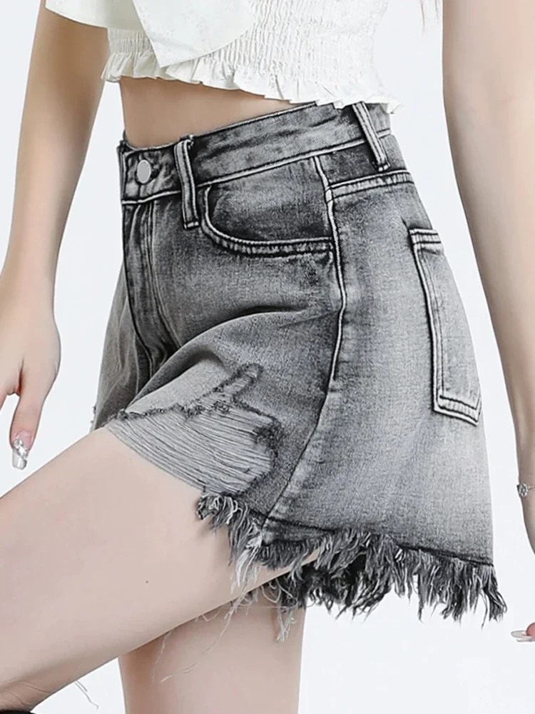 American Classic High Waist Chicly Split Female Jean Shorts Summer Irregular Fashion Hollow Out Sexy Casual Simple Womens Shorts