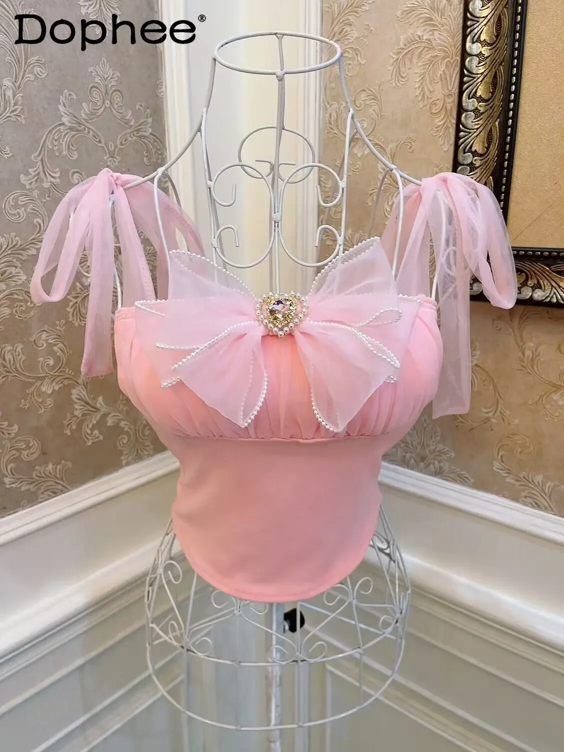 

Sweet Girl Princess Bowknot Love Diamond Bow Bandage Vest Women Elastic Slim Fit Slimming Chest-Wrapped Camisole Female Crop Top