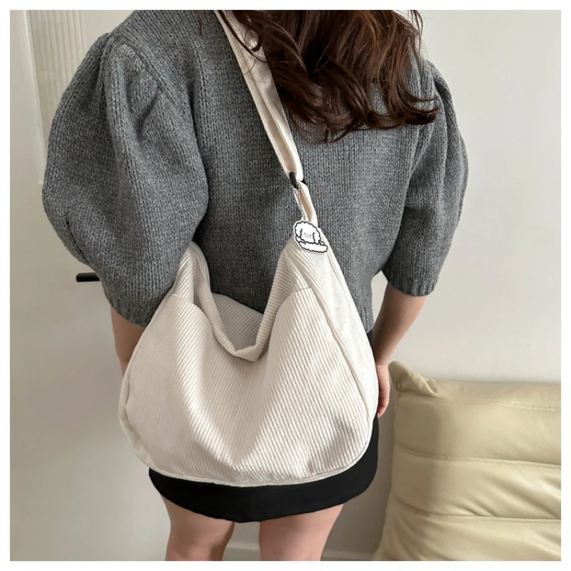 Women’s Corduroy Shoulder Bag Vintage Striped Large Capacity Tote with Zipper Closure Fashionable Crossbody Purse for Daily Use 2