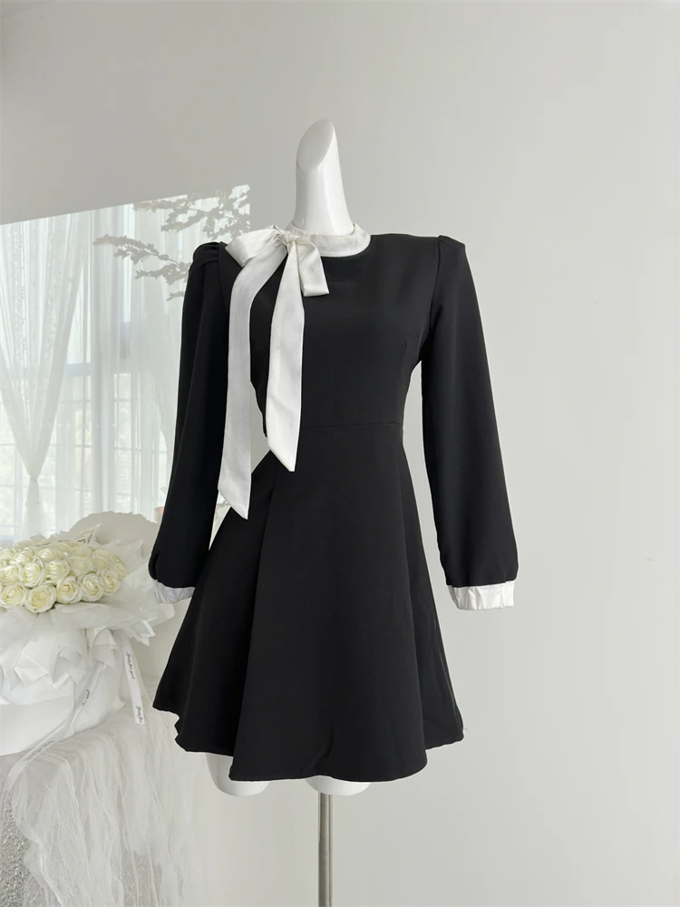 Elegant Evening Dresses for Women Patchwork O-neck Long Sleeves A-line Party Dress Korean Fashion French Retro Vestidos Mujer