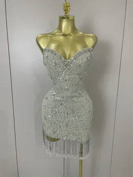 Luxury Sparkle Diamond Tassel Halter Cocktail Dress 2025 Women Elegant Evening Formal Gowns Wedding Party Dresses Stage Costumes 1