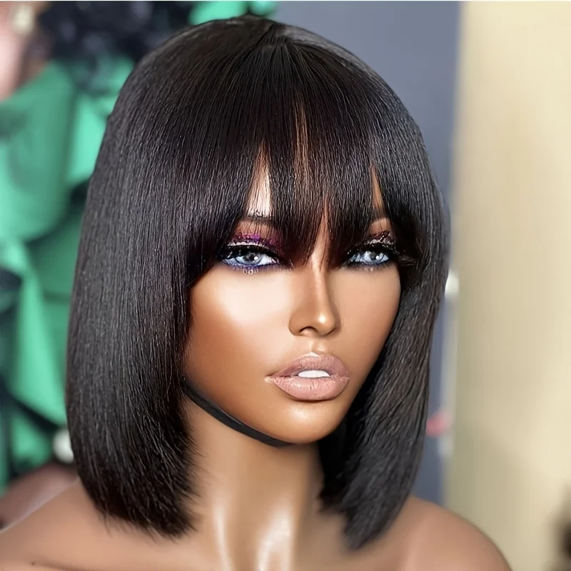 

Wiggogo Middle Part 3X1 Lace Wig Short Bob Wig Glueless Wig Human Hair Ready To Wear And Go Straight Human Hair Wigs With Bangs