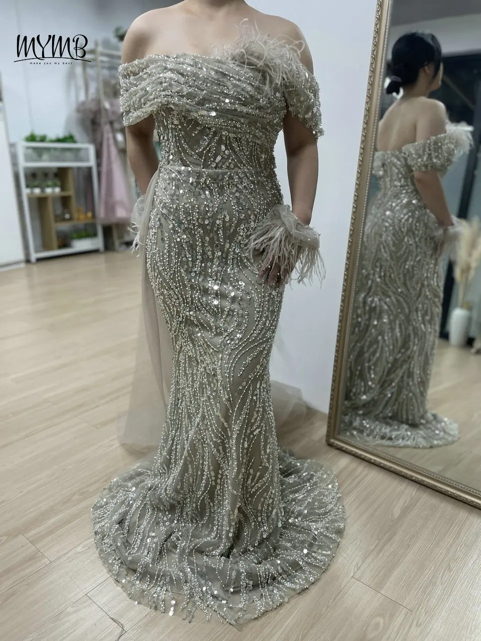 MYMB Elfenbein Atemberaubendes schulterfreies Meerjungfrau-Brautkleid mit Perlen und Federn De Novia Arabisch Exklusive Abendkleider für Frauenparty – Detail 10