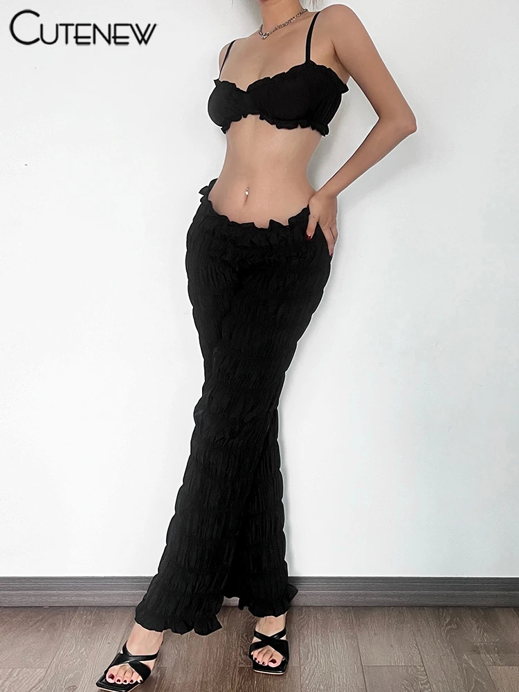 Shirring Trim Women 2 Piece Summer Unique Fashion Solid Crop Camisoles+Elastic Waist Pants Female Matching Sexy Clubwear