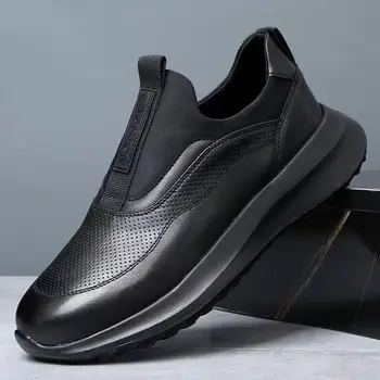 Men's Ultra-light Soft-soled Leather Sport Shoes Low-top Round-toe Casual Slip-on Leisure Shoes Breathable Waterproof Rubber ...