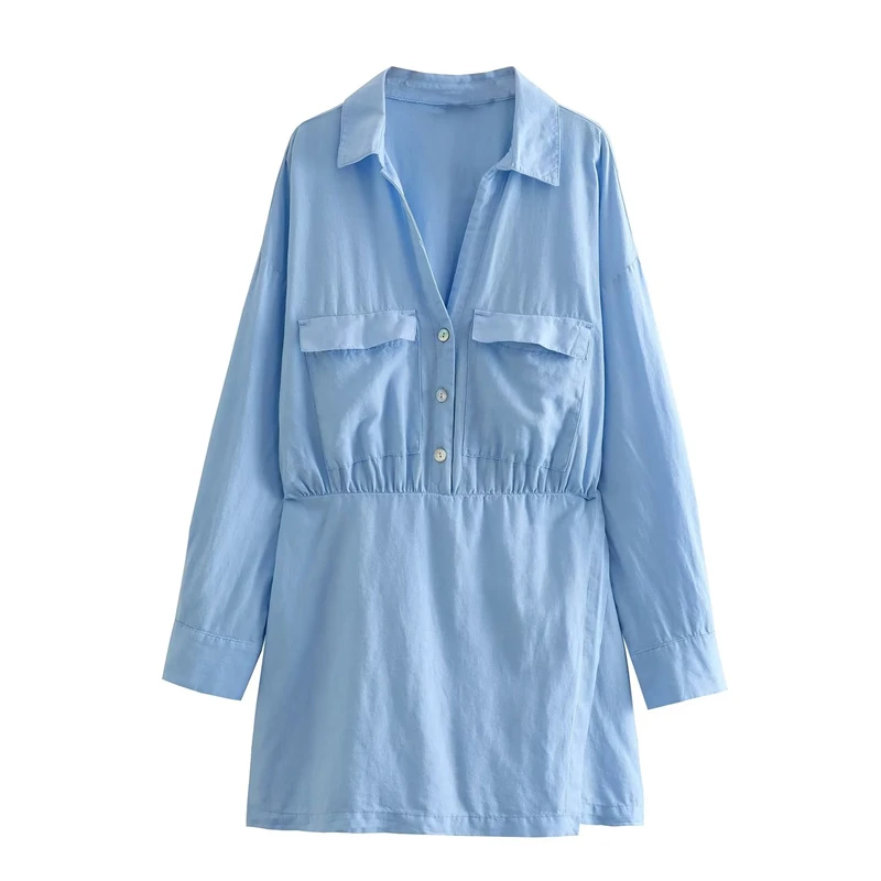 

2023 Summer New Women's Linen Blended Shirt Style One-Piece Shorts Lapel Long Sleeves Loose Splicing Light Blue Waist Shorts