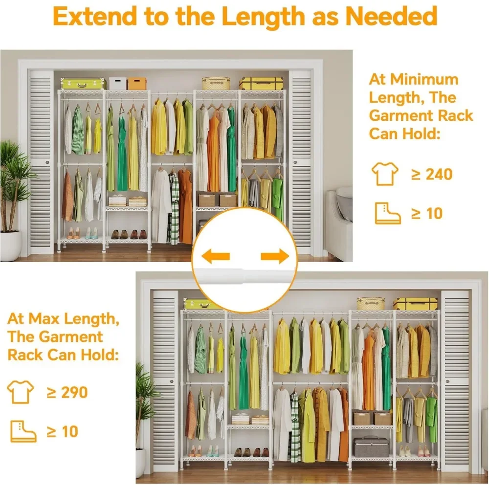 New2025-H5 Pro Heavy Duty Clothes Rack Wardrobe Closet for Hanging Clothes, Freestanding Garment Rack with Expandable Hanger Rod