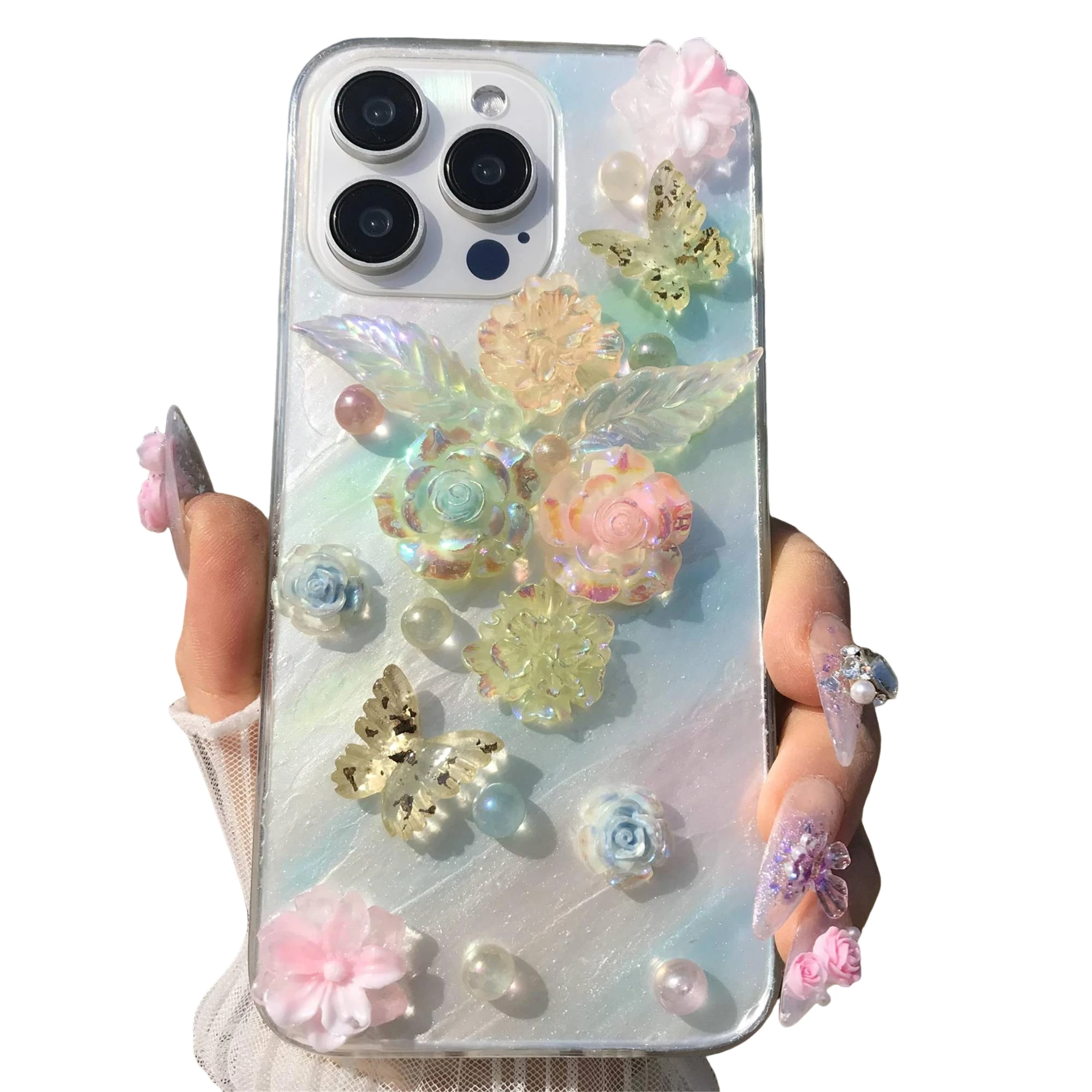 Handmade Dreamy Floral Butterfly Beaded Soft TPU Dustproof Phone Case