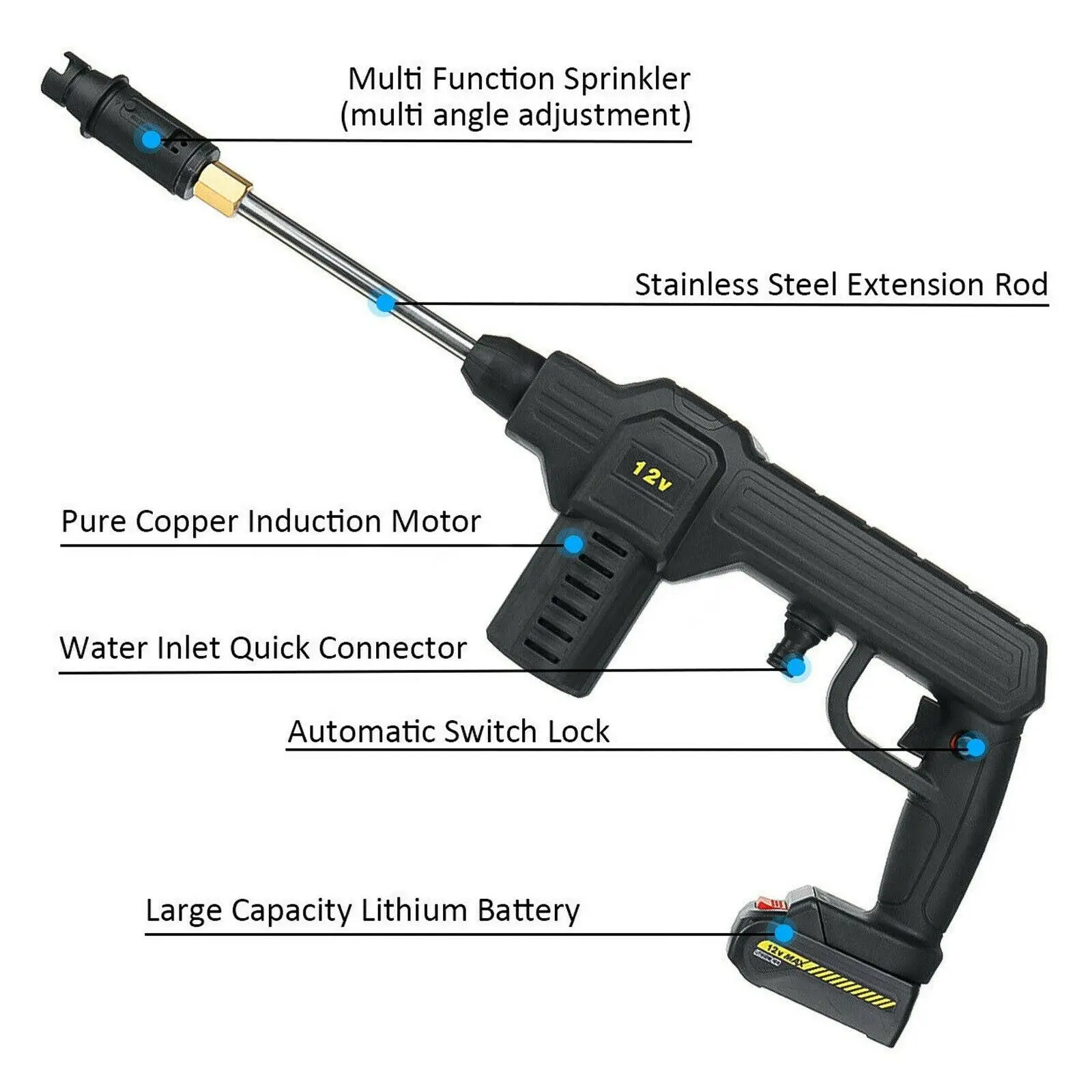 Cordless Electric Car Washer Sprayer Gun High Pressure Water Gun Portable Washing Cleaner with 2 Batteries Rechargable & 5M Hose 3