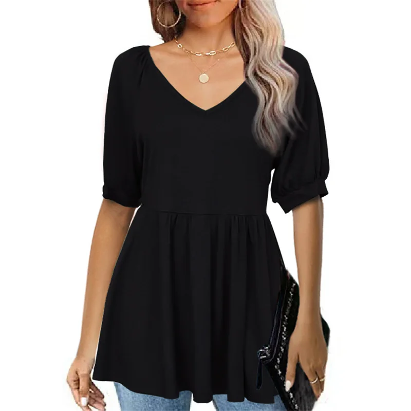 

2023 Summer New Bubble Short Sleeve Corset Tops Female Elegant Commuter Pleated T-Shirt Women Streetwear Casual Solid Color Tees