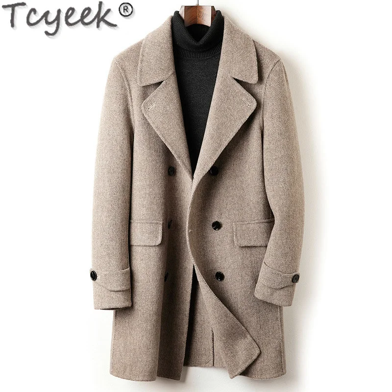 

Winter Fall 100% Wool Jacket Men Clothing Detachable 95% Mulberry Silk Liner Mid-long Double-sided Woolen Coat Male Chic