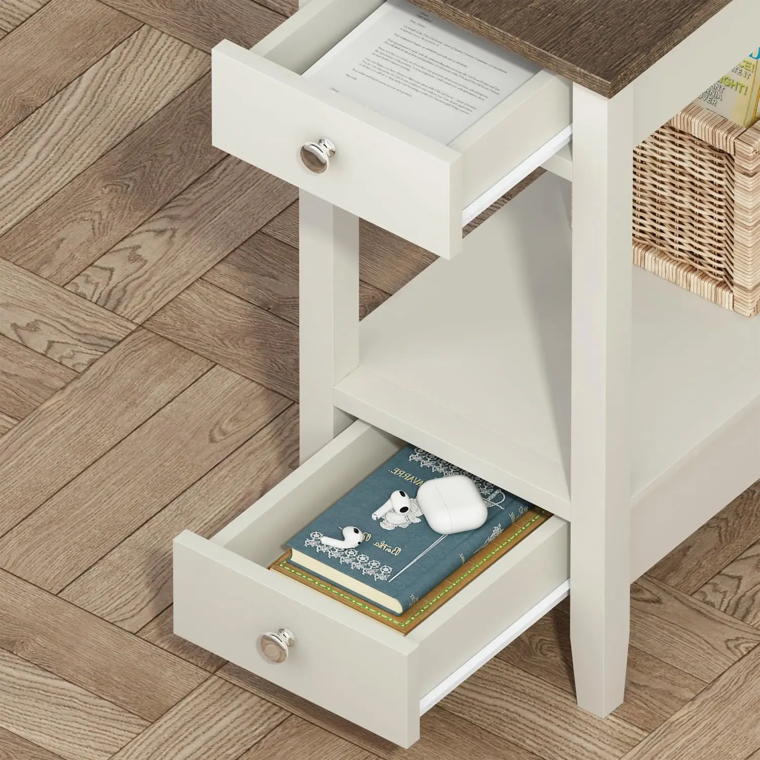 Farmhouse End Tables Living Room Set of 2, Narrow Side Table with Charging Station, White Sofa Bedside 4