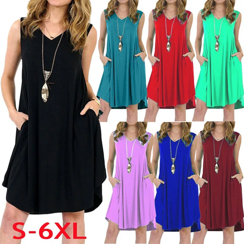 

2023 New Leisure Solid Color Commuting Sleeveless Pocket V Collar Vest Dress