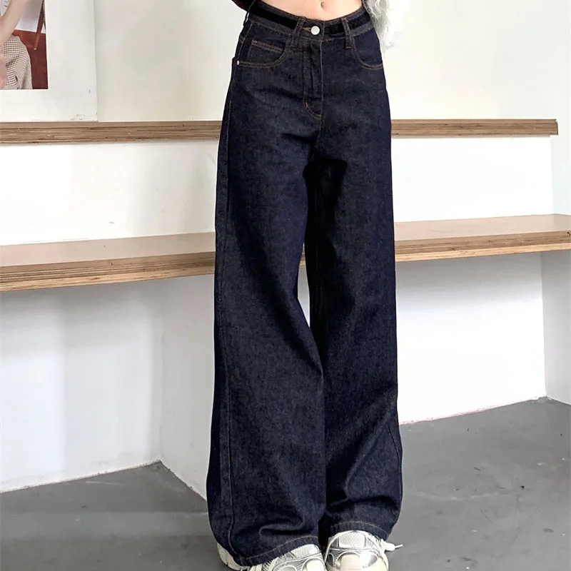2026 femmes Y2K Dongdaemun marine jambe large Denim pantalon coupe ample drapé pantalon décontracté printemps glisser longueur jean