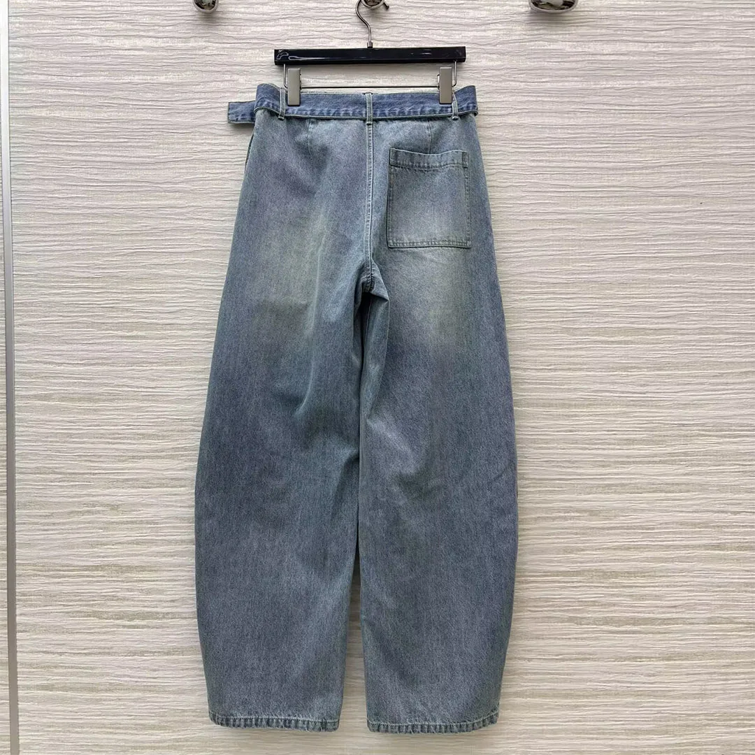 새로운 패션 스트리트웨어 워시드 블루 블루머스 청바지 여성 하이웨이스트 벨트 빈티지 캐주얼 루즈 시크 데님 팬츠
