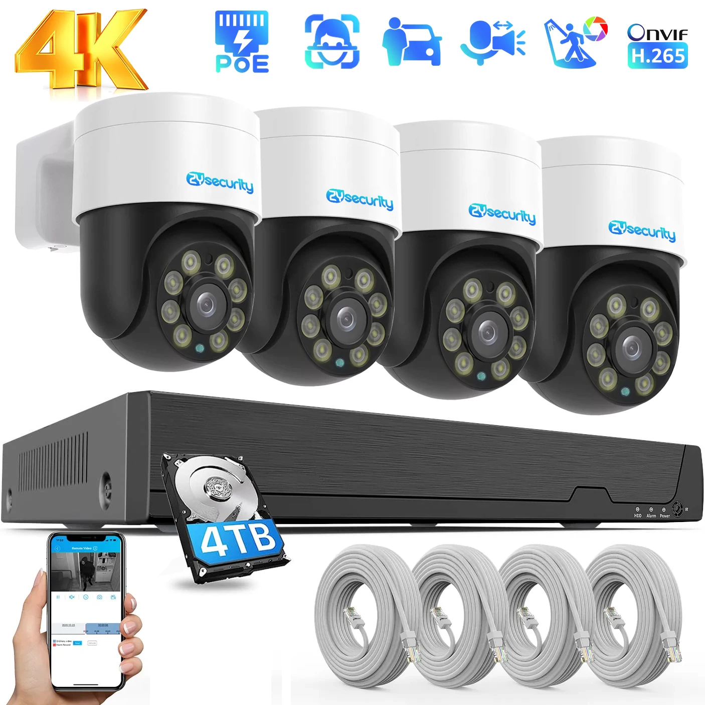 

4K PoE PTZ Camera System Outdoor Home Security IP Camera Sets with Person Vehicle Detection Auto Tracking 8MP PoE NVR Kit XMEye