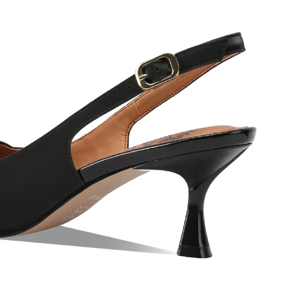 【JOCHEBED HU】Brand Genuine Leather Women Shoes Pointed Toe Slingback Ladies Pumps Thin Mid Heel Buckle Single Shoes 33-43