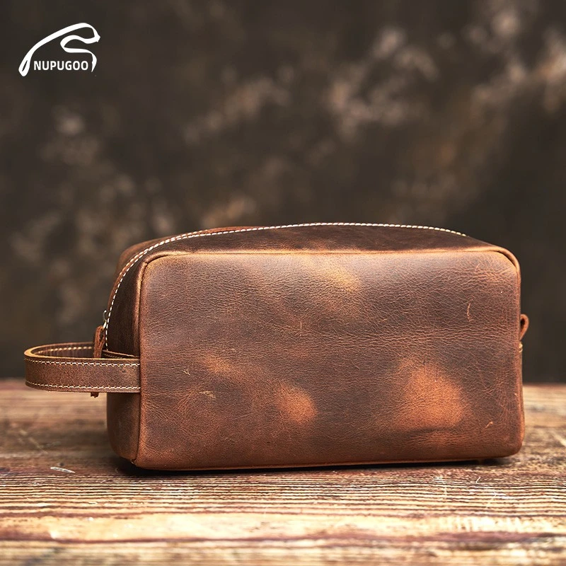 NUPUGOO Genuine Leather Clutch Bag Crazy Horse Skin Cosmetic Bag Multifunctional Wash Bag Leisure Storage Bag 2