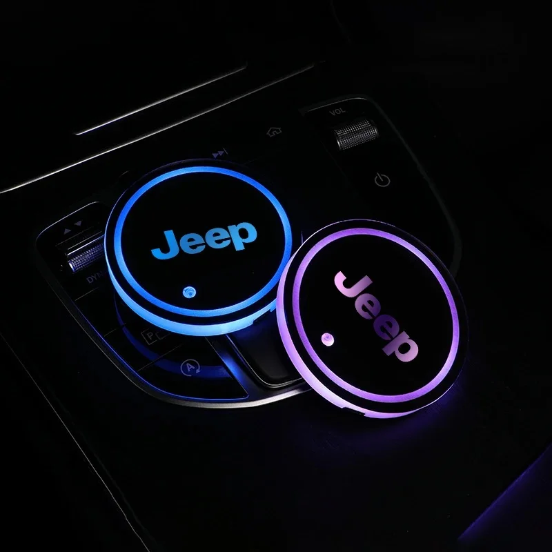 2PCS 멀티 컬러 LED 자동차 컵 코스터 지프 글래디에이터 레니게이드 컴패스 랭글러용 미끄럼 방지 장식 패드