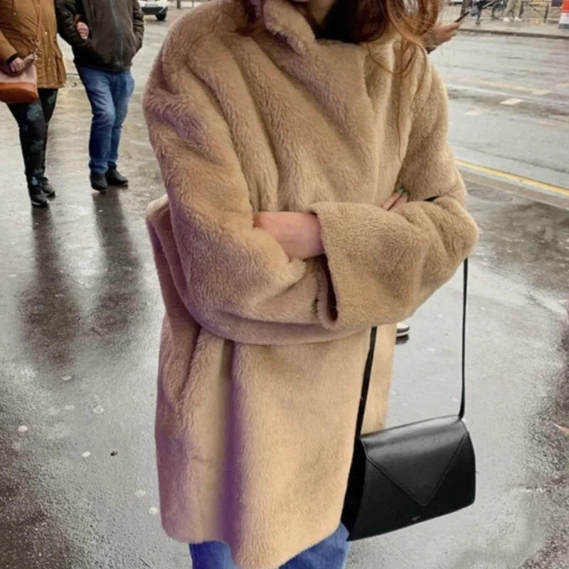 Women\'s Winter Thicken Leather Fur Coat Jacket Lapel Collar Loose Single Breasted Overcoat Warm Clothes Outerwear