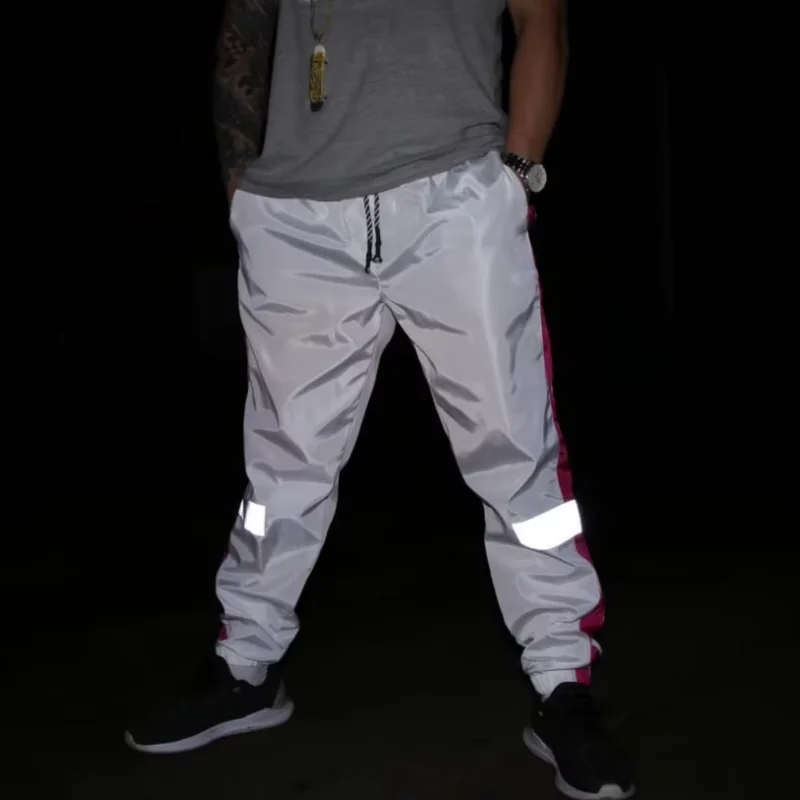 Patchwork men reflective hip hop pants side stripe streetwear night jogger sweatpants women casual trousers pantalon hombre