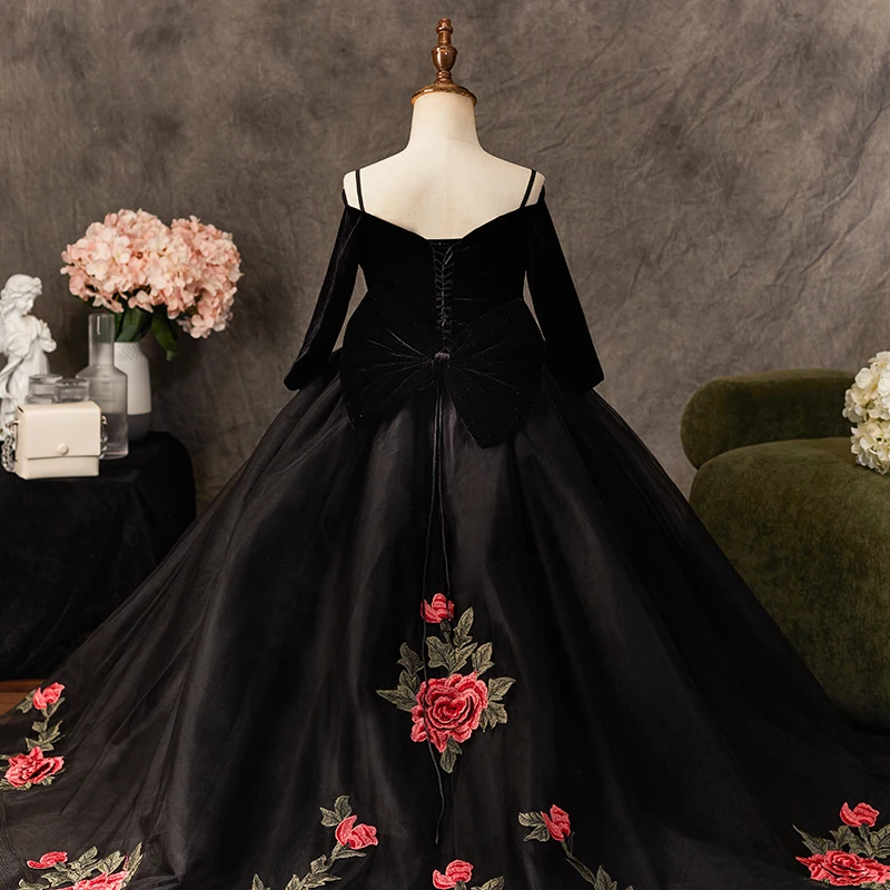 New Kids Dresses Girl Elegant Long Prom Black Embroidery Tulle