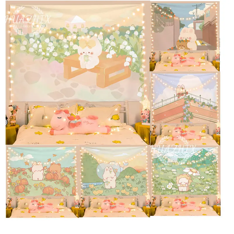 

Small Fresh Tapestry Cartoon Cute Rabbit Background Cloth Aesthetically Pleasing Suitable Children's Room Student Dormitory
