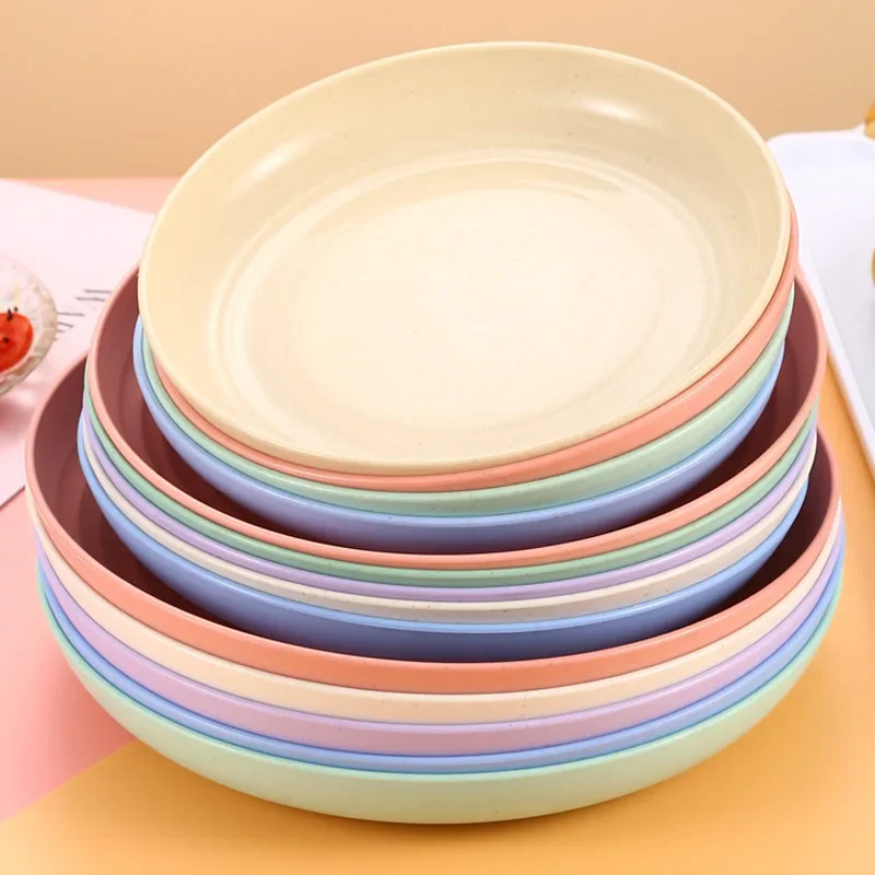 Assiettes rondes en paille de blé de couleur unie, assiettes à salade, Dessert, dîner, réutilisables, passe au micro-ondes, Anti-chute et incassables, assiettes à fruits