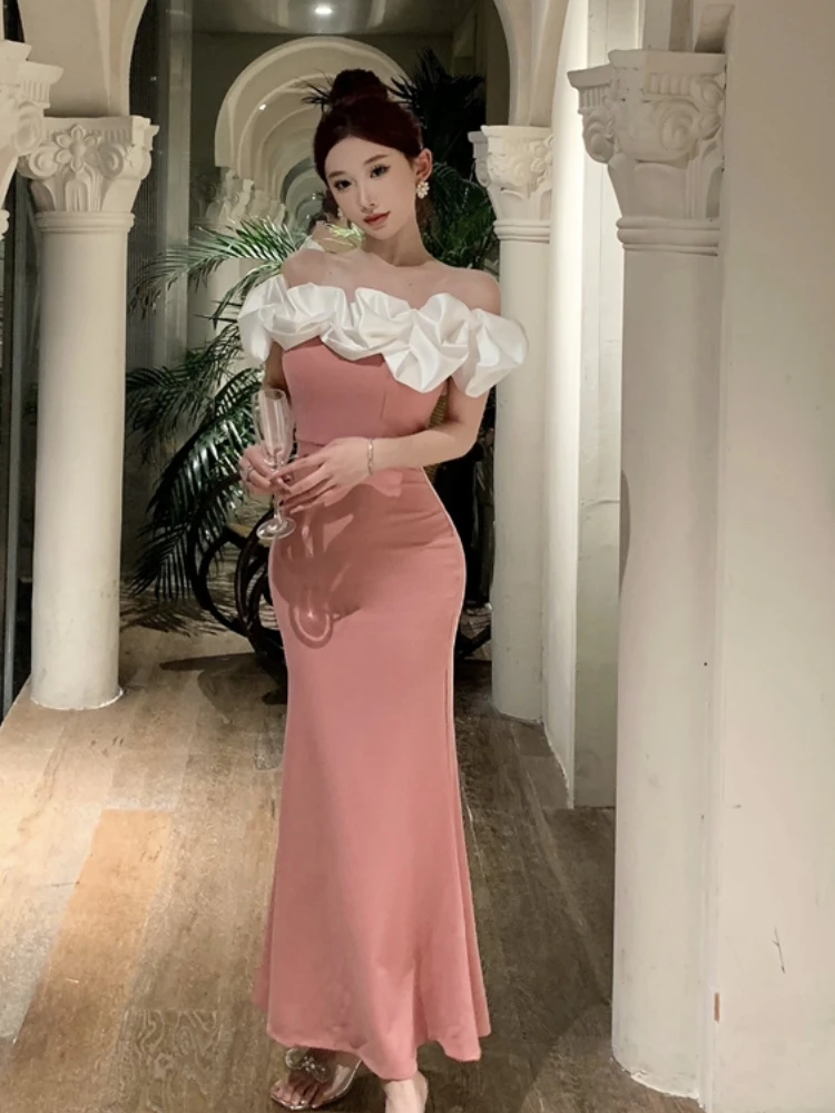 Sexy Bodycon Off Shoulder Party Dress Women New Slim Waist Patchwork Elegant Lady Fashion Prom Robe Long Vestidos Mujers