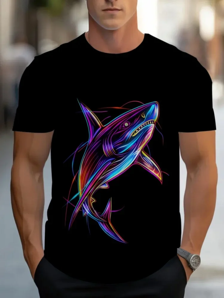 2026 Neue Mode Herren 3D Neon-Linien Hai-Muster Bedrucktes T-Shirt Psychedelisches Ozean-Tiermuster Lässiges Streetwear-Oberteil