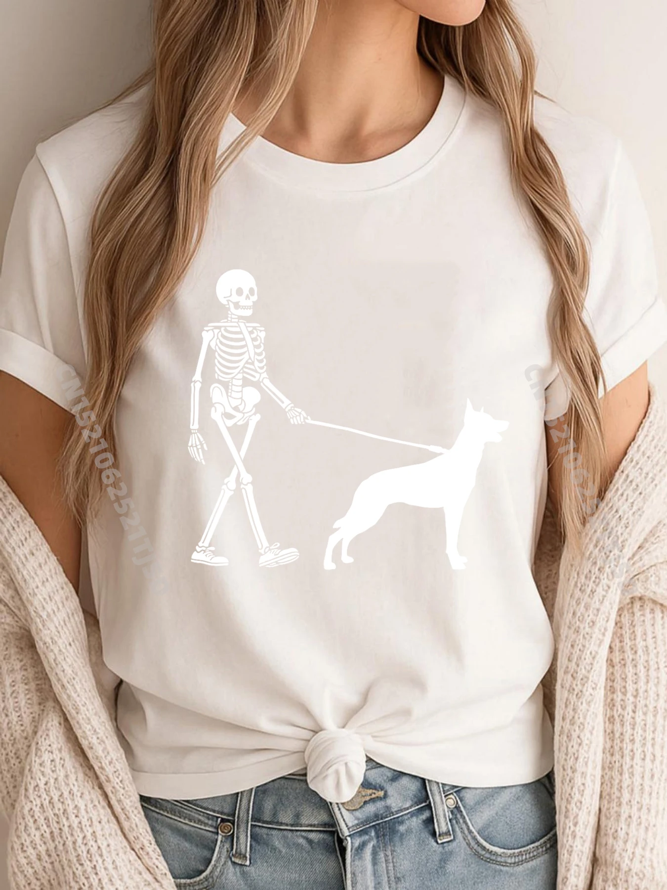 All Cotton Women's Short Sleeve Skeleton Walking A Dog Belgian T-shirts Hip hop Tops Tees Loose Slogan O-Neck Tee-Shirt Skeleton Walking A Dog Belgian Malinois Halloween Outfit white