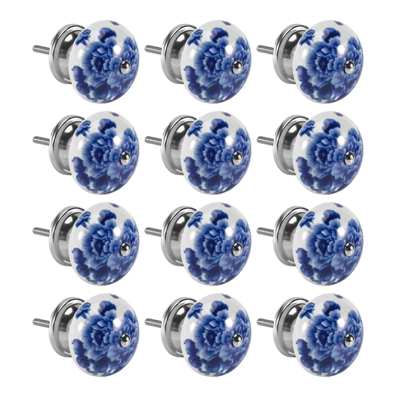 

12Pcs Handmade Ceramic Door Knobs For Cupboards Cabinet Knobs Blue On White Wardrobe Door Handles Comes With Screw Cap