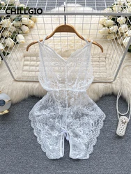 CHILLGIO Women Sexy Floral Transparent Lace Bodysuits Fashion Tight Rompers Sleepwear Lingerie One Piece Erotic Strappy Catsuits