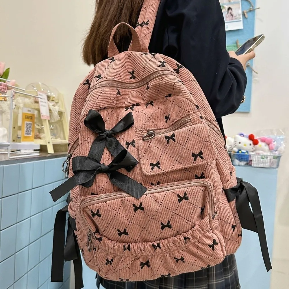 Fashion Corduroy Bow Schoolbag Ins Style Bow Print Versatile Backpack Large Capacity Backpack Bag Student 1