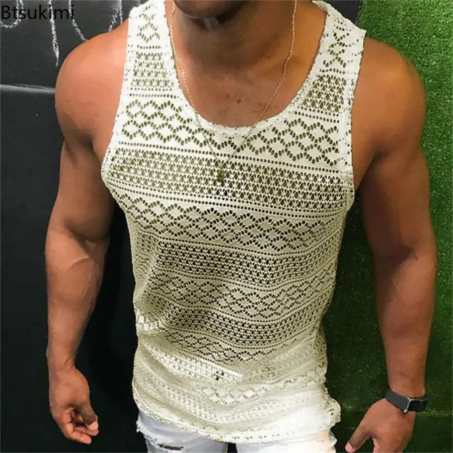 2024 Summer Tank Top for Men Lace Hollow Out Sleeveless Shirts Mens Clothing Slim Fit Gym Clothes Workout Solid Vest Tops Male