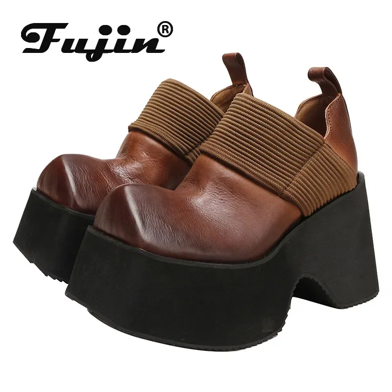 Fujin 10cm Women High Heels Ethnic Shoes Knitted Natural Genuine Leather Autumn Platform Wedge Moccasins Fashion Spring Pumps