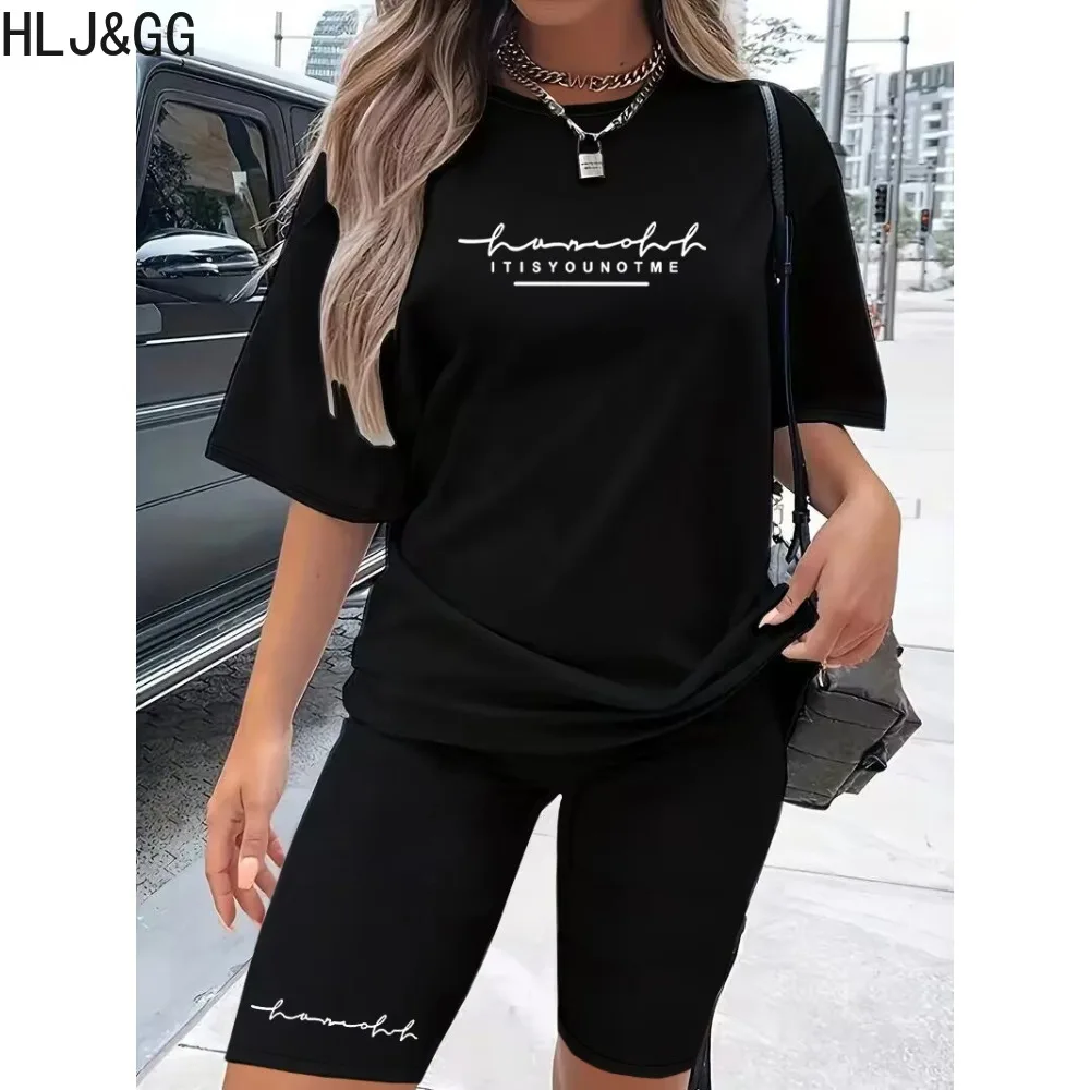 HLJ&GG Black Spring New Letter Print Tracksuits Women Round Neck Short Sleeve Top And Biker Shorts Two Piece Sets Female Outfits