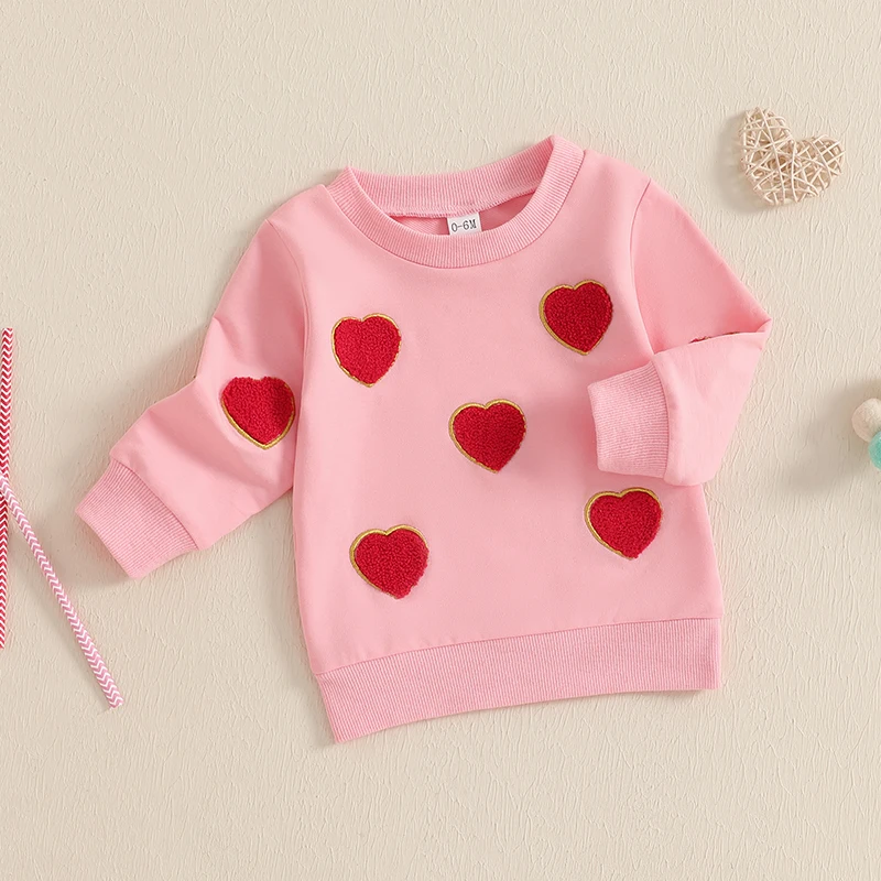 Baby Girl Valentines Sweatshirt Heart Embroidery Long Sleeve Pullovers Autumn Tops for Toddler Cute Clothes Outfit
