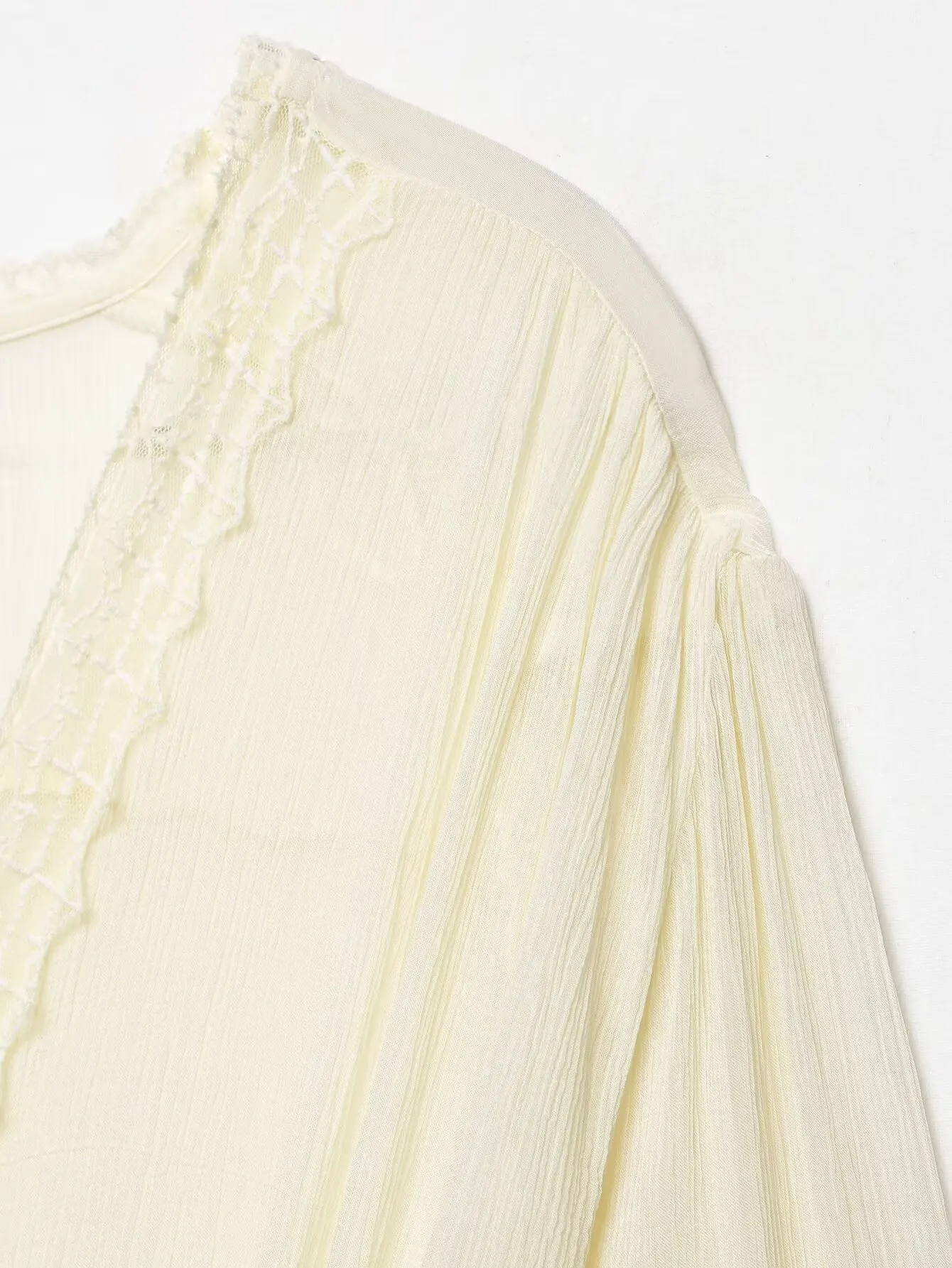 HH Damen Casual Mode Spitze Tüll Knopf V-Ausschnitt Dekoration Kurzarm-Bluse Frühling Langarm Vielseitige Einfarbige Oberteile – Detail 10