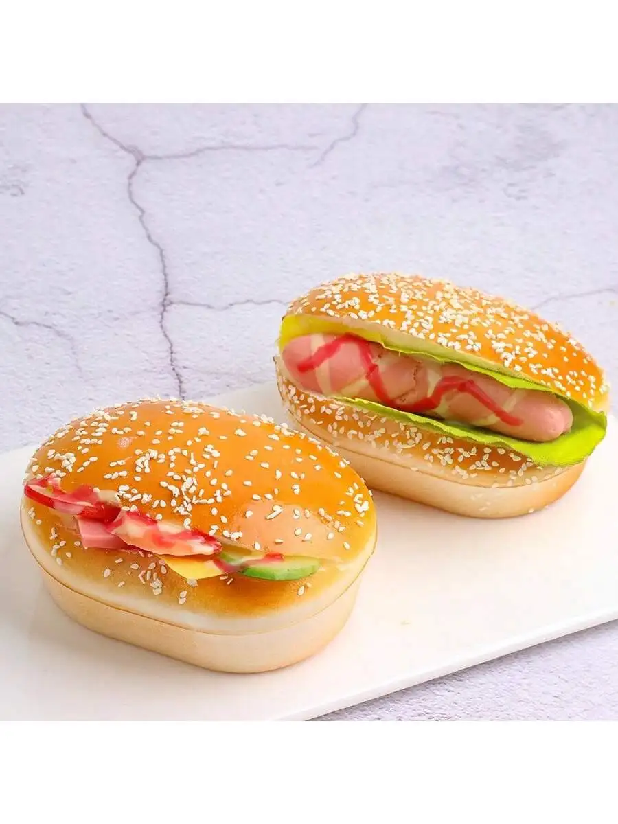 1 Stück gefälschtes Hamburger-Brotmodell für Hochzeit; Dekorativer Magnet für Lebensmittel; Lebensmittel-Requisite für die Abschlusssaison; Geburtstags-Fenster-Display Sa – Detail 3