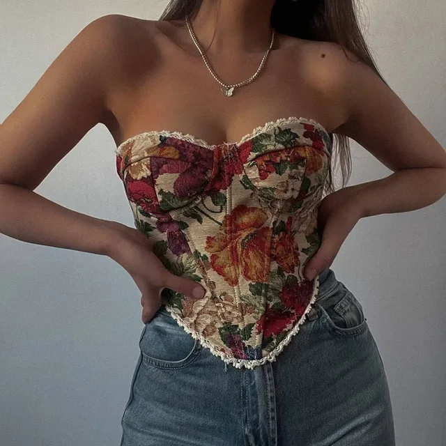 Vintage Flower Print Strapless Bandage Lace Fishbone Camisoles Women Summer Slim Fit Crop Tops Streetwear Tank 2025 Tube Tops