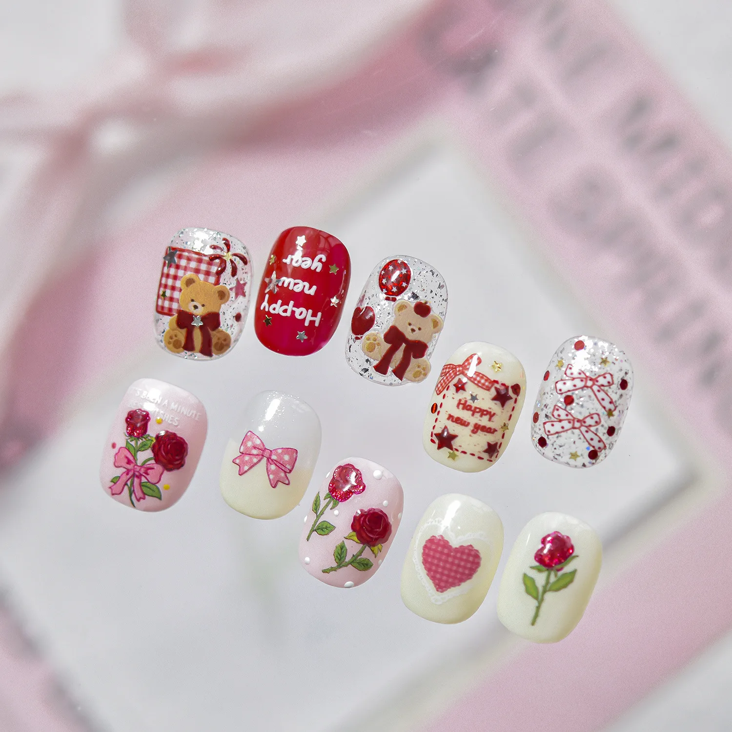 골드 네일 스티커 스윗 네일 데칼 보우 베어 장미 꽃 네일 아트 장식 스티커 DIY 새로운 매니큐어 액세서리 스티커