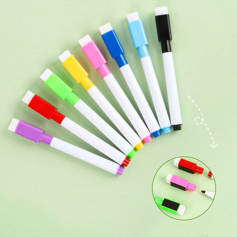 8개 세트 소형 화이트보드 지우개형 펜 수성 지워지는 화이트보드 펜 자석 무자..