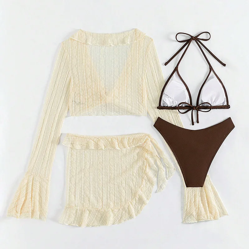 4 Pieces Vintage Bikini Set 2024 Summer Women Beige Sexy Cut Out Long Sleeve Cover Up Swimsuit Beach Bathing Suit Thong Swimwear