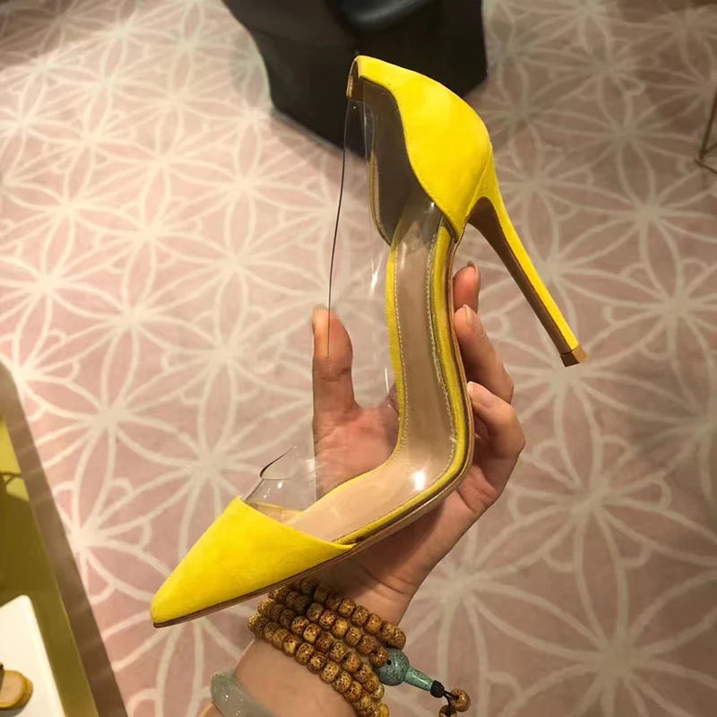 Ink Green Lemon Yellow Suede Pvc Patchwork Pumps Clear Patch High Heels