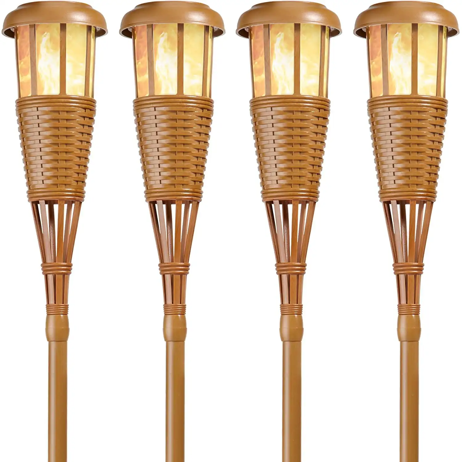 

Solar Flickering LED Island Torches, Dusk-to-Dawn Dancing Flame Outdoor Landscape Lighting, Bamboo Finish, 4-Pack